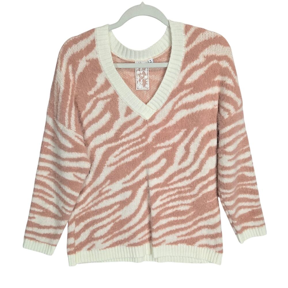Sadie & Sage Womens V-Neck Fuzzy Sweater M Pink Zebra V-Neck Cozy Chic Pullover